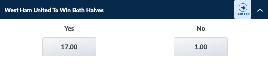 Screenshot showing West Ham United to Win Both Halves market on Coral